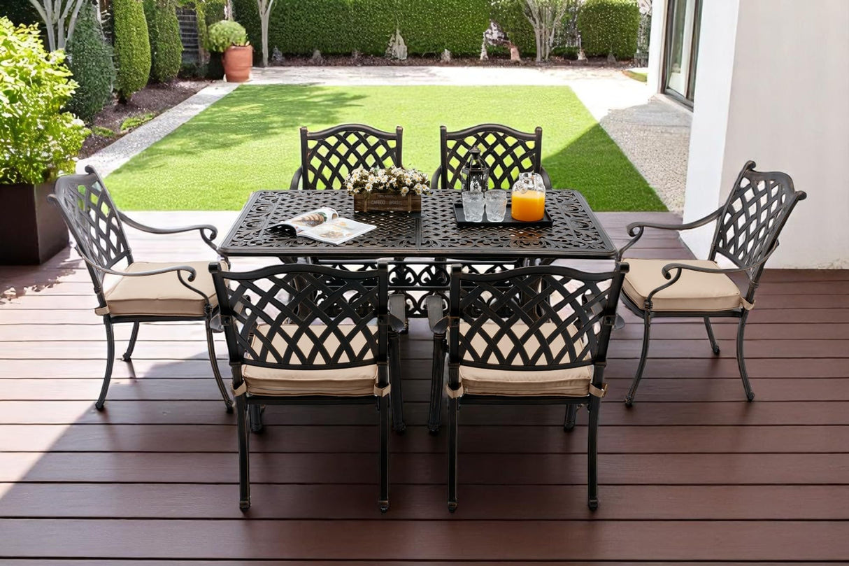 𝗔𝗶𝗹𝗶𝘀𝗺𝗮𝗶𝗹 7 Piece Outdoor Dining Set Cast Aluminum Retro Patio Dining Set for 6 includes 59” Rectangular Table and 6 Chairs with Thicker Cushions and Umbrella Hole for Patio Deck Garden Ailismail