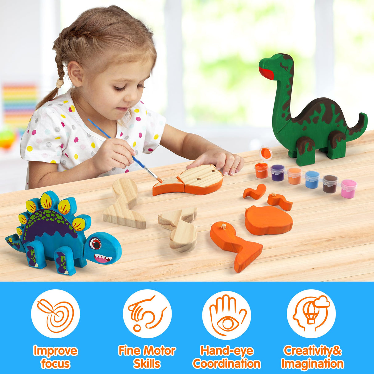 Mocoosy Wooden Dinosaur Painting Art Craft Kit for Kids 3-5, Build & Decorate Your Own Dino Crafts with Paint and Stickers, Wood Dinosaur T-Rex STEM Game Montessoi Toys Educational Gift for Boys Girls Mocoosy