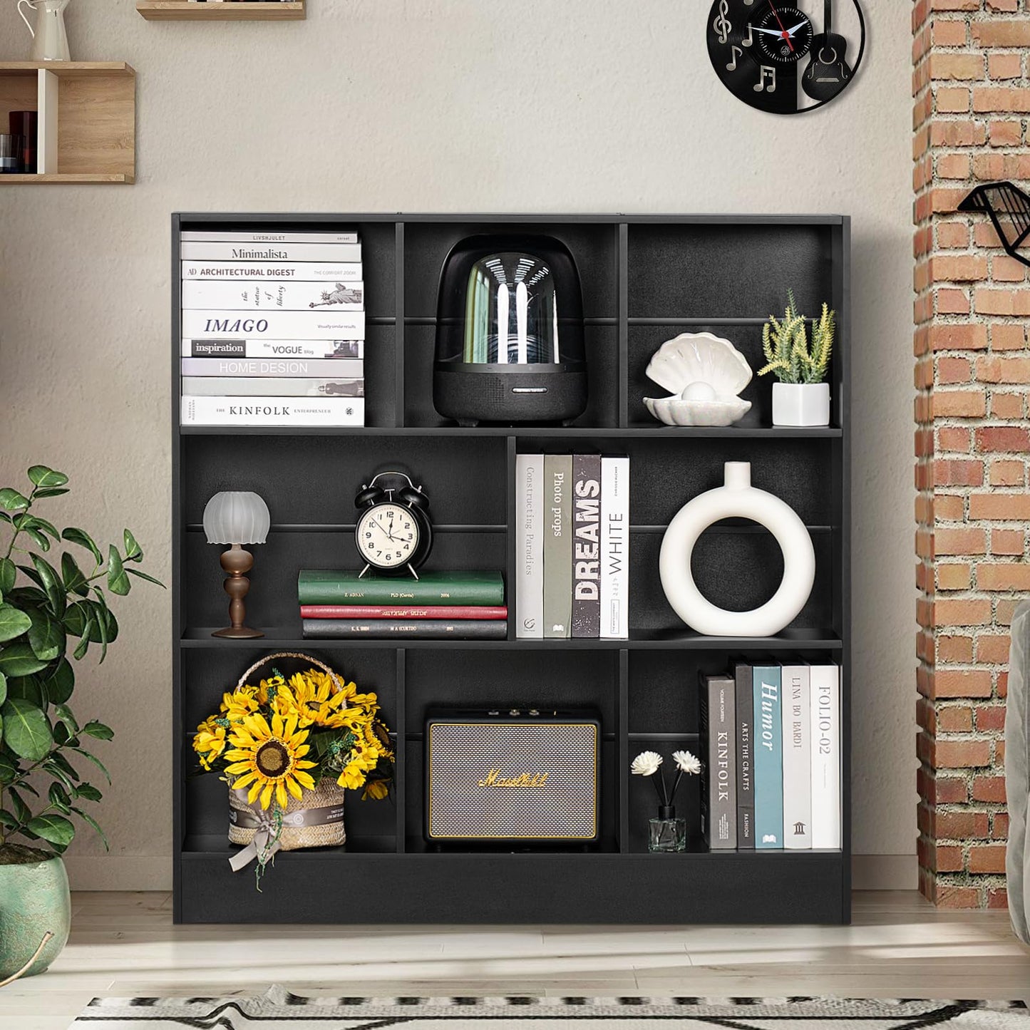 YAHARBO Modern Black 3-Tier Wide Bookshelf with 8 Cubes for Versatile Storage and Display