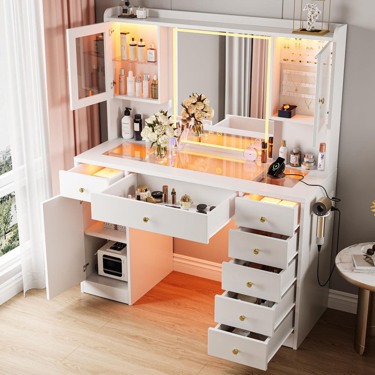 Einhomn Makeup Vanity Desk with Mirror & LED Lights, Large Glass Top Vanity Table with 7 Drawers & 3 Cabinets, Modern Dressing Table with Charging Station & RGB Lights for Bedroom, White Einhomn