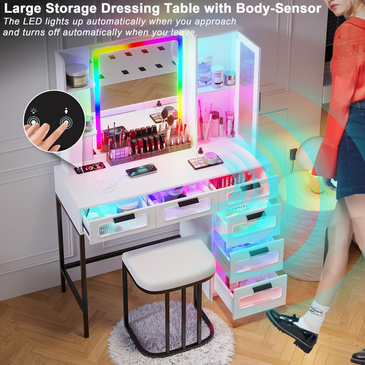 HNEBC RGB Vanity Desk with Mirror and Lights, LED Vanity Makeup Desk with USB/Wireless Charger Station, Vanities Dressing Table Sets with 6 Drawers/Cabins/Stool/Shelves for Bedroom&Cloakroom(White) HNEBC
