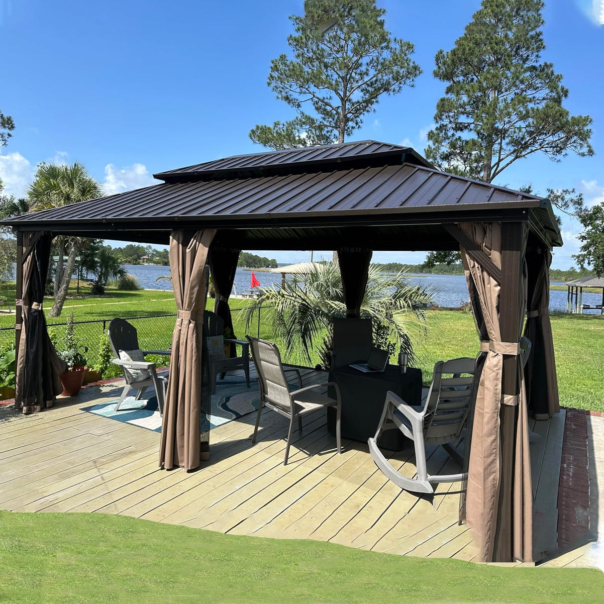 SHPAI Hardtop Gazebo 12x18FT, Aluminum Outdoor Gazebo with Galvanized Steel Double Roof Canopy, Curtains and Nettings, Metal Gazebo Permanent Pavilion for Patio Wedding, Party, Outdoor Dining, Gray SHPAI