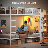 Itaar Metal Bunk Bed Twin Over Twin with Hall Tree, Power Outlet, LED Bunk Bed with 4 Storage Drawers, Bed with Safety Guardrail & Ladders, No Box Spring Needed, Easy Assembly, White Itaar