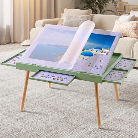 Fantico 1500 Pieces Wooden Jigsaw Puzzle Board with Legs, 35"x26.8" Felt Mat Puzzle Table with 5 Drawers and Cover, 3 Adjustable Tilting Angles Up to 40° Puzzle Table for Adults and Teens, Mint Green Fantico
