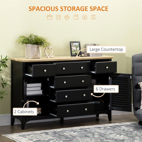 HOMCOM Sideboard Buffet Cabinet with Storage Drawers, Rubber Wood Top and Adjustable Shelves, Kitchen Cabinet Coffee Bar Cabinet, Black HOMCOM