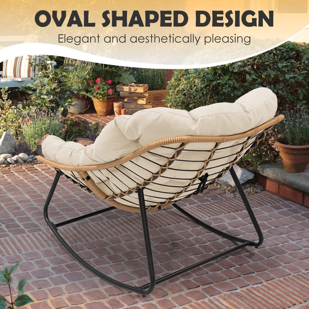 PROHIKER Outdoor Papasan Rocking Chair, Indoor Egg Rocking Chair with Thick Cushion, Oversized Wicker Rattan Patio Lounge Chairs for Backyard, Balcony, Living Room(Beige) PROHIKER