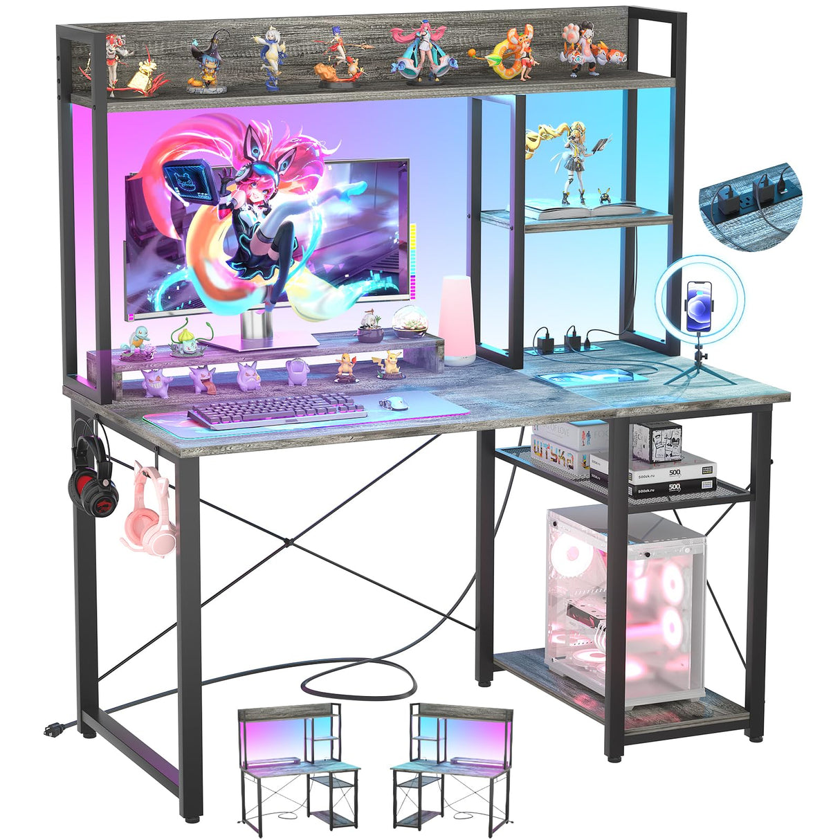 Cyclysio Gaming Desk with Hutch, 39'' Computer Desk with LED Lights & Power Outlets, Home Office Desk with Reversible 5 Tiers Storage Shelves & Monitor Stand, Small Gaming Table for Small Space, Grey Cyclysio