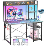 Cyclysio Gaming Desk with Hutch, 39'' Computer Desk with LED Lights & Power Outlets, Home Office Desk with Reversible 5 Tiers Storage Shelves & Monitor Stand, Small Gaming Table for Small Space, Grey Cyclysio
