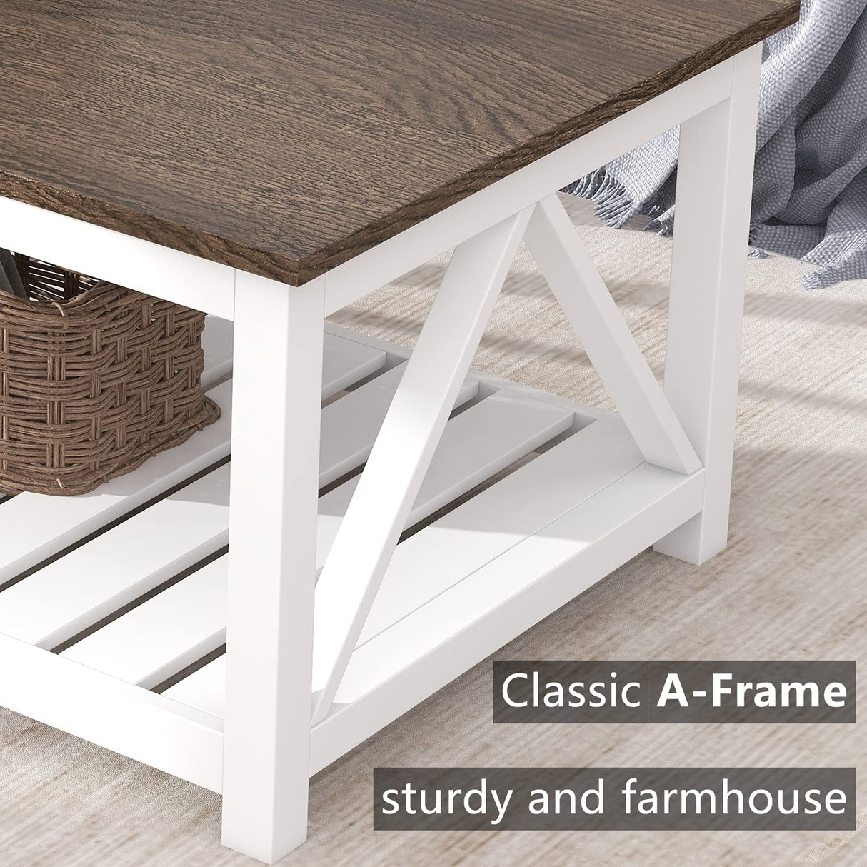 ChooChoo Farmhouse Coffee Table, Rustic Vintage Living Room Table with Shelf, 40 White ChooChoo