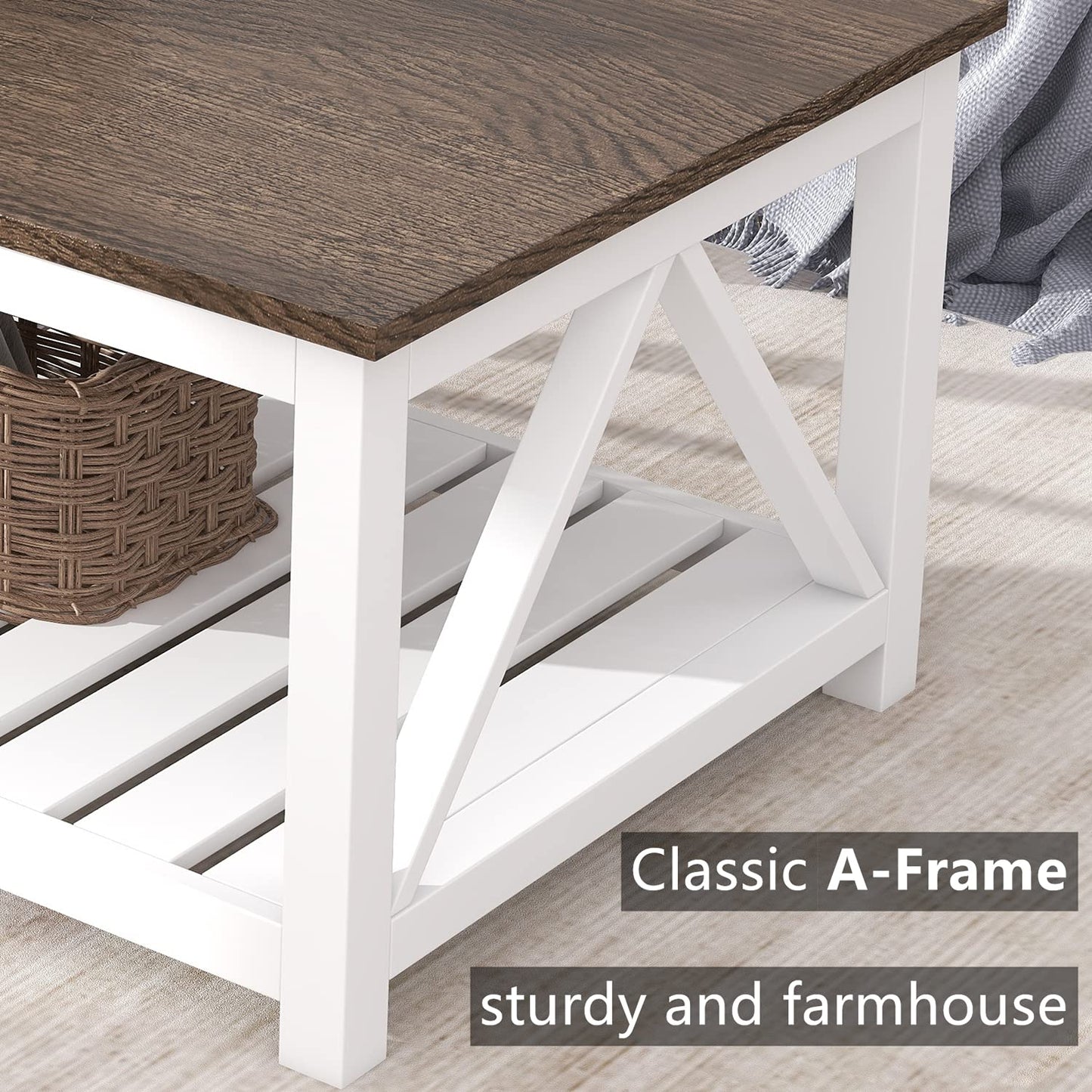 ChooChoo Farmhouse Coffee Table, Rustic Vintage Living Room Table with Shelf, 40 White