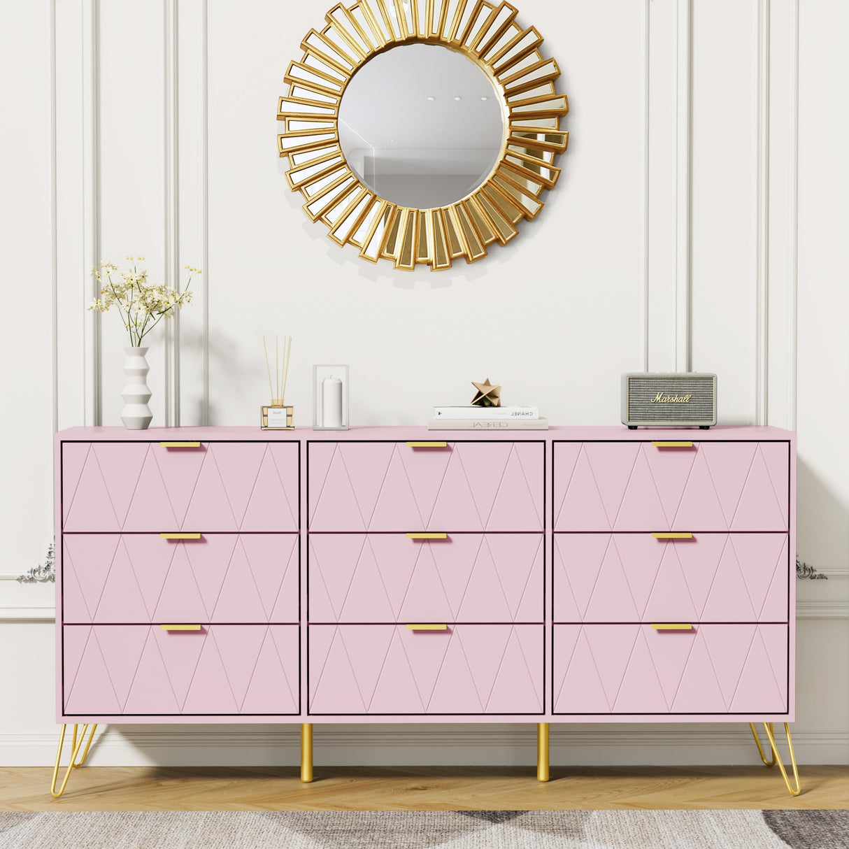 Anbuy 9 Drawer Dresser and Night stand Sets for Bedroom, Two Drawers Nightstand Set of 2 & 9 Drawer Dresser Combo 3 Pieces (Pink) Anbuy