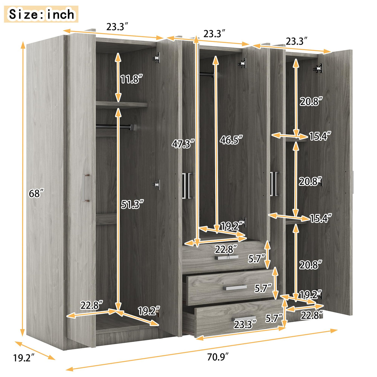 BEDGJH Armoire Wardrobe Closet, Large Wardrobe Closet with 6 Doors, Bedroom Tall Armoire with Big Drawers, Hanging Rails and Shelves, Easy Assembly (Gray) BEDGJH