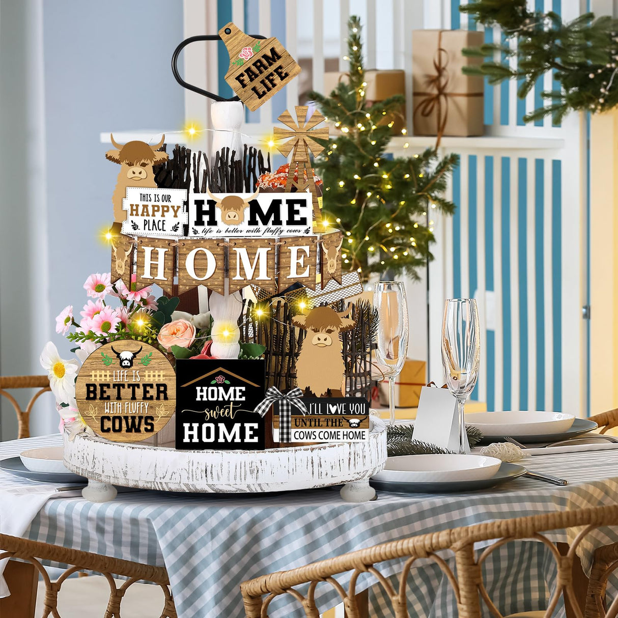 Soaoo 16 Pcs Highland Cow Tiered Tray Decor Gnome Plush Tray Decor Farmhouse Rustic Wood Table Signs with String Lights for Holiday Table Centerpieces Home(Highland Cow) Soaoo