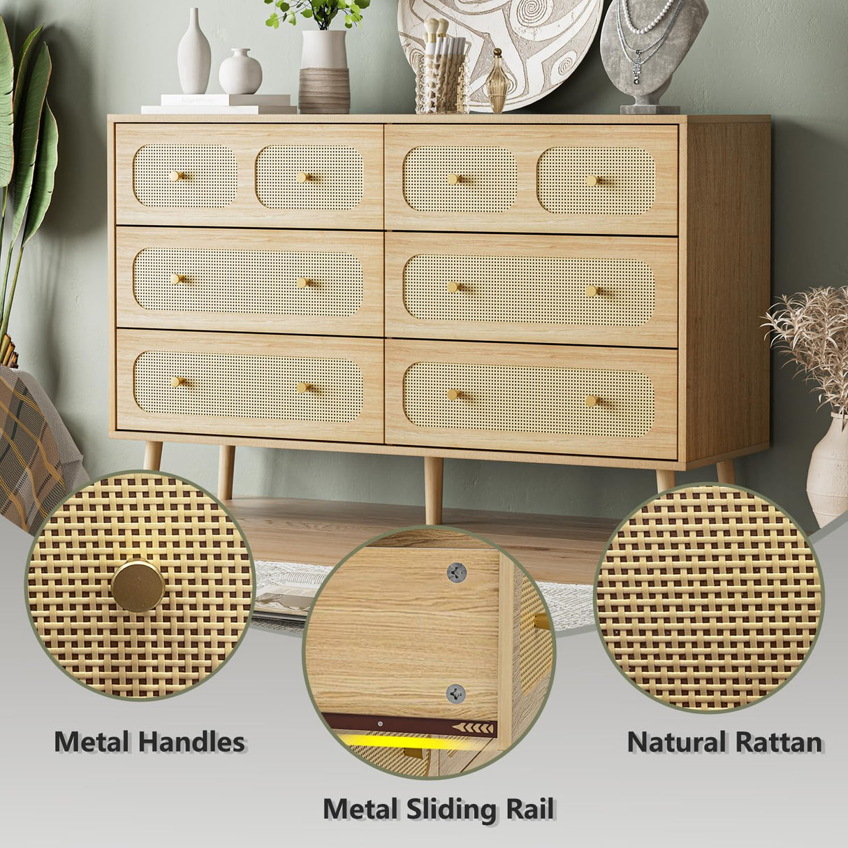 SINROM 6 Drawer Double Dresser for Bedroom, Rattan Dresser with Gold Handles, Boho Chest of Drawers with Deep Drawers for Living Room SINROM