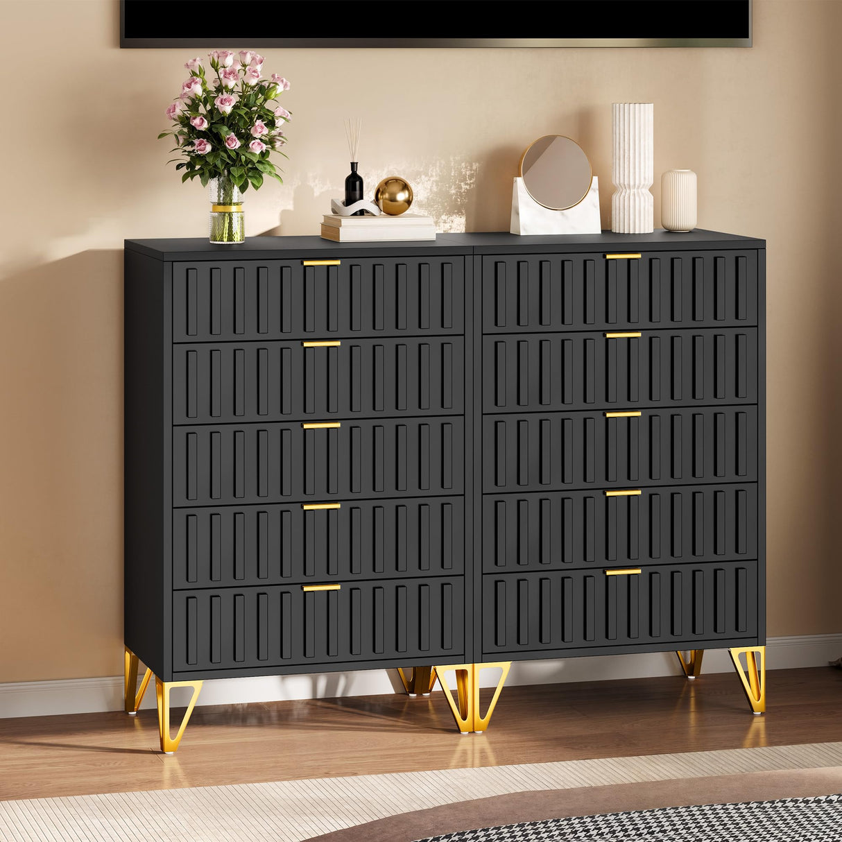 YITAHOME Fluted Dressers, 5 Drawer Dressers & Chests of Drawers, Metal Modern Dresser for Room, Entryway, Hallway, Black YITAHOME