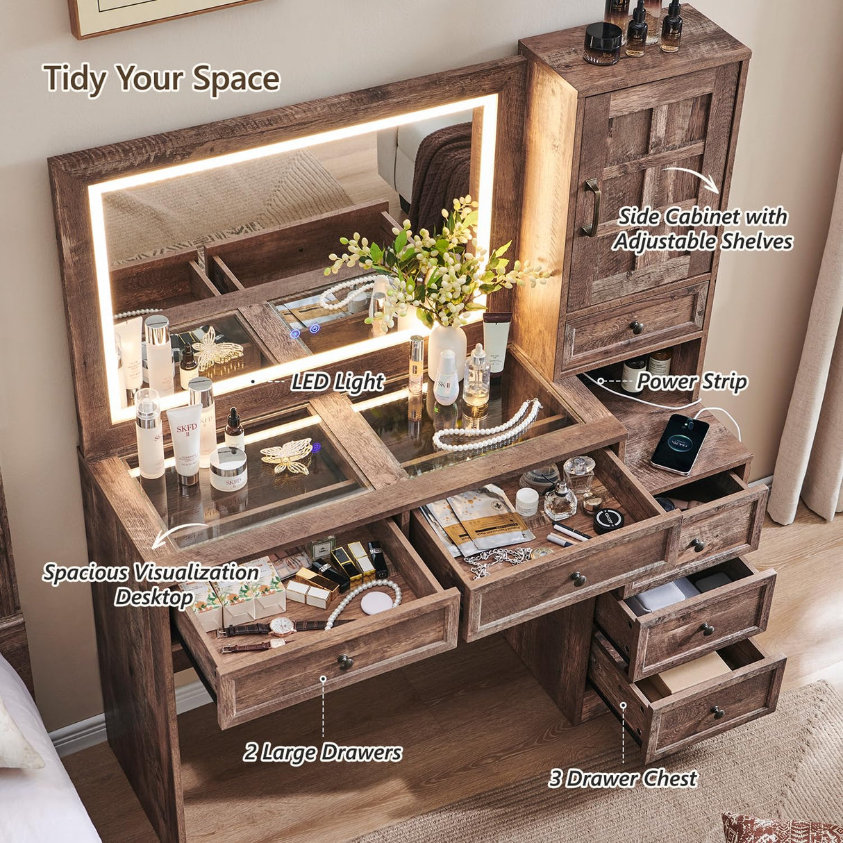 Aitjunz Farmhouse Vanity Desk with Touch Screen LED Mirror, 47" Big Make Up Table with 6 Drawers, Glass Top, Charging Station, Rustic Wood Dressing Table w/3 Color Available, Light Brown Aitjunz