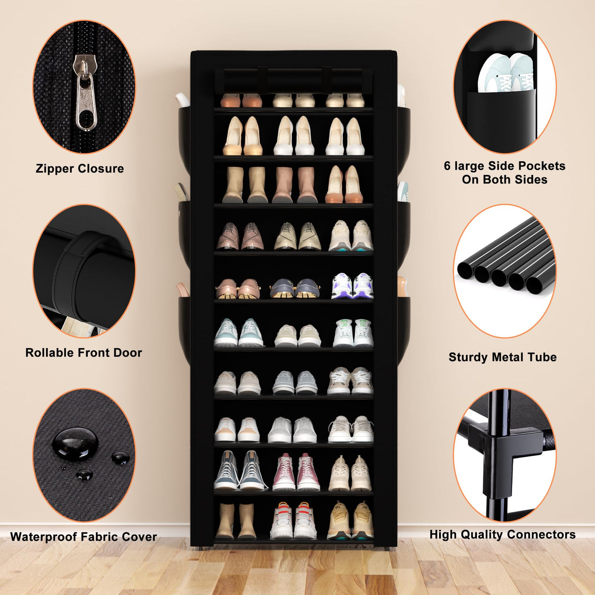 OYREL Large Shoe Rack, Black, 6 Side Pockets, 23.6" Wide x 11.4" Deep x 68.9" Tall, 36-41 Pairs of Shoes OYREL