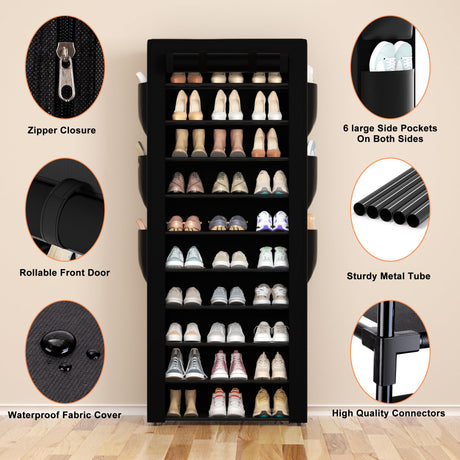 OYREL Large Shoe Rack, Black, 6 Side Pockets, 23.6" Wide x 11.4" Deep x 68.9" Tall, 36-41 Pairs of Shoes OYREL