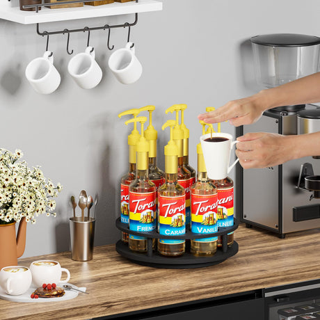 THYGIFTREE Large Rotating Coffee Syrup Organizer 9 Bottles Syrup Rack for Countertop Wood Syrup Bottle Holder Stand for Coffee Bar Station, Turntable Wine Display Tray, Black THYGIFTREE