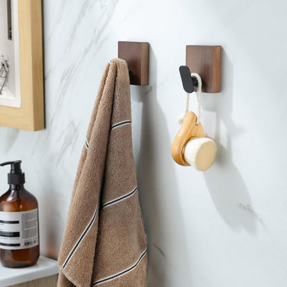 DELITON Adhesive Wood Towel Hooks - Heavy Duty Coat Hooks Wall Hooks Without Drilling Hanging for Robe, Towel, Bag Stick on Farmhouse Bathroom Bedroom Entryway 4 Packs Burned Brown