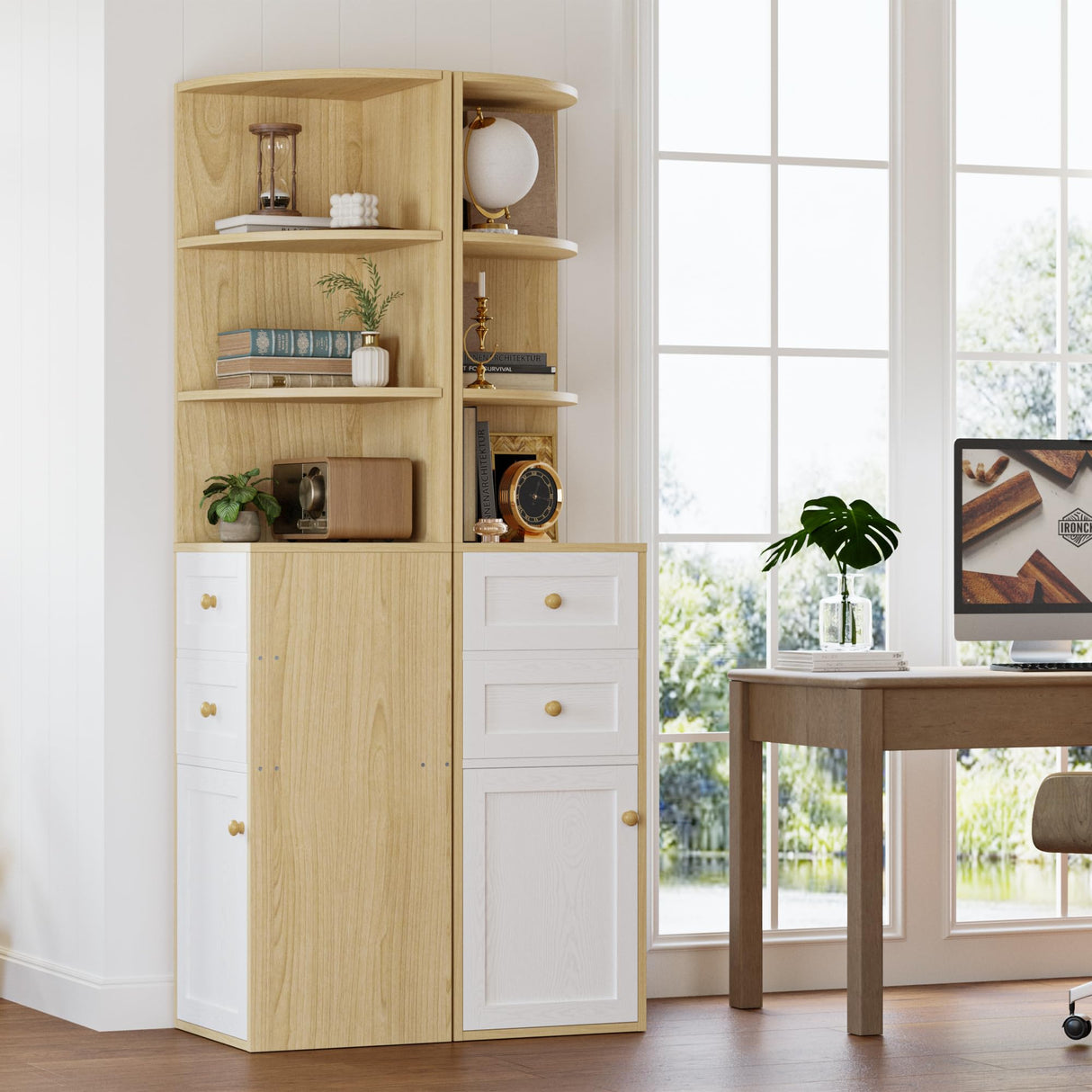 IRONCK Corner Bookshelf and Bookcase, 71" H Wooden Book Shelves 3 Tier with Drawers and Storage Cabinet for Living Room, Office, Bedroom, Oak and White IRONCK