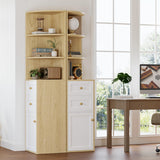 IRONCK Corner Bookshelf and Bookcase, 71" H Wooden Book Shelves 3 Tier with Drawers and Storage Cabinet for Living Room, Office, Bedroom, Oak and White IRONCK