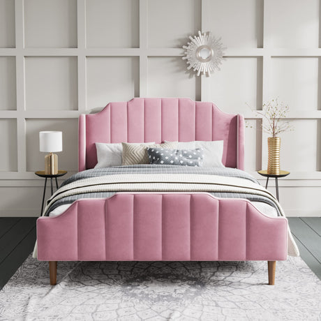 SHA CERLIN Upholstered Queen Size Bed Frame with Modern Curved Velvet Wingback Headboard, Heavy Duty Wood Platform Bed with Strong Wood Slat Support, No Box Spring Needed, Pink SHA CERLIN