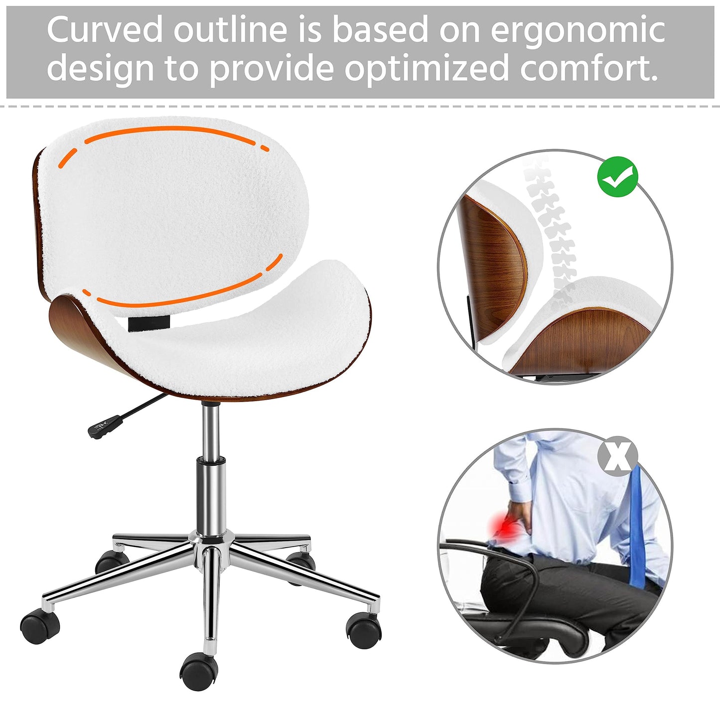 Yaheetech Ergonomic Desk Chair Armless Office Chair Mid-Century Bentwood Seat Computer Chair Boucle Fabric Swivel Chair Height Adjustable for Bar Meeting Room Hotel, White