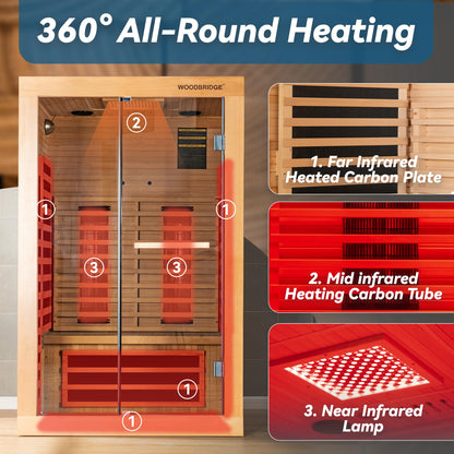 WOODBRIDGE Infrared Home Sauna Room 2 Person Hemlock Wooden Indoor Sauna,7 Carbon 1980W/120V Heaters,with Led Color Therapy Light,Bluetooth Speaker,Tempered Glass,Touch-Tone Keypad and A Top Vent