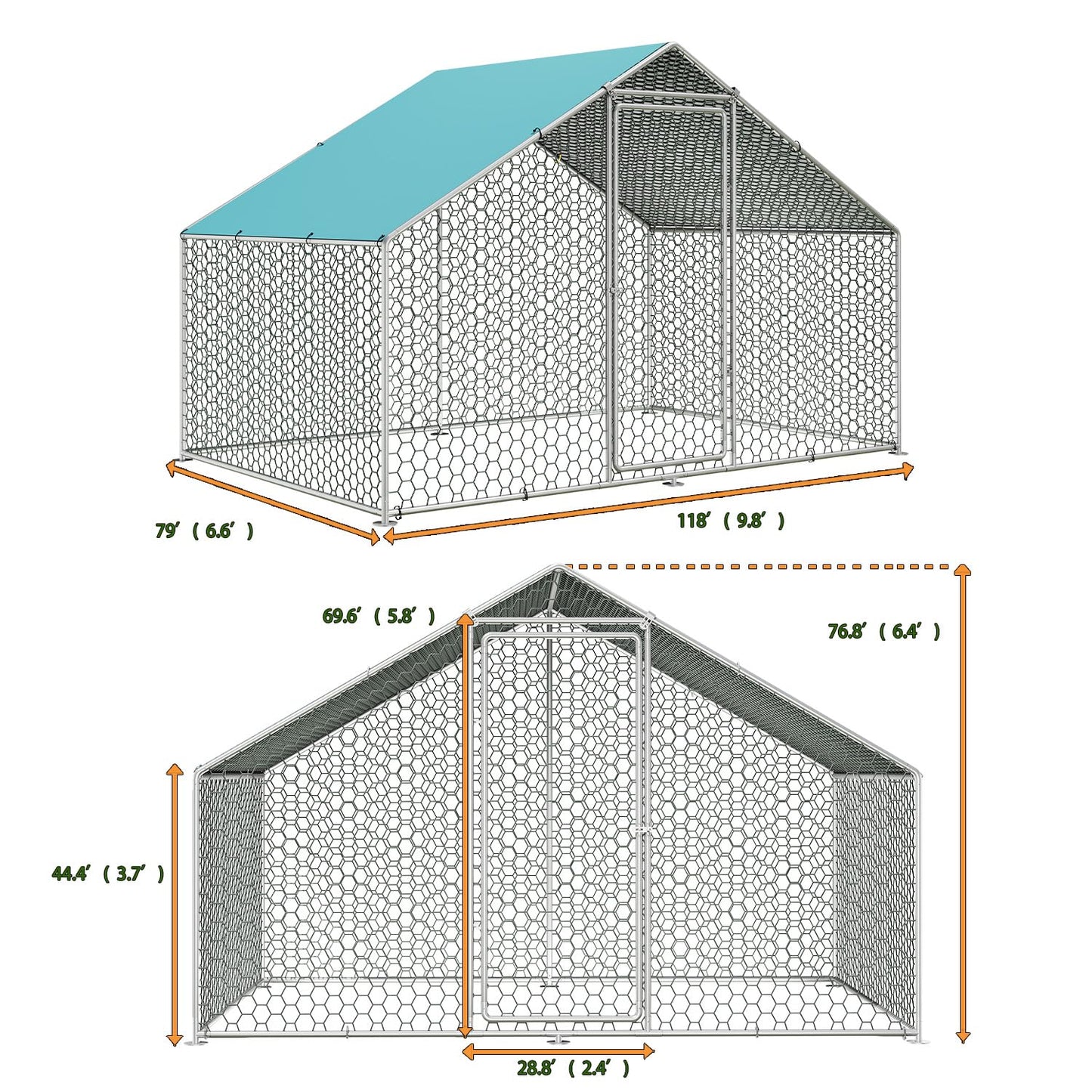 Sunny Heart Large Chicken Coop Run with Immersed Wire Mesh, Metal Chicken Coop for 6 Chickens Heavy Duty Chicken Run in for Yard with Waterproof Cover and Secure Lock(6.6'L x 9.8'W x 6.4'H)