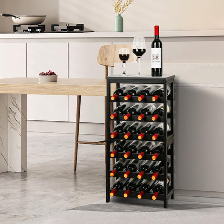 VASMIA Wine Rack Freestanding Floor, 6-Tier Display Wine Storage Shelves with Table Top, 24-Botttle Bamboo Wine Rack Shelf for Kitchen Bar Dining Room Living Room, Black VASMIA