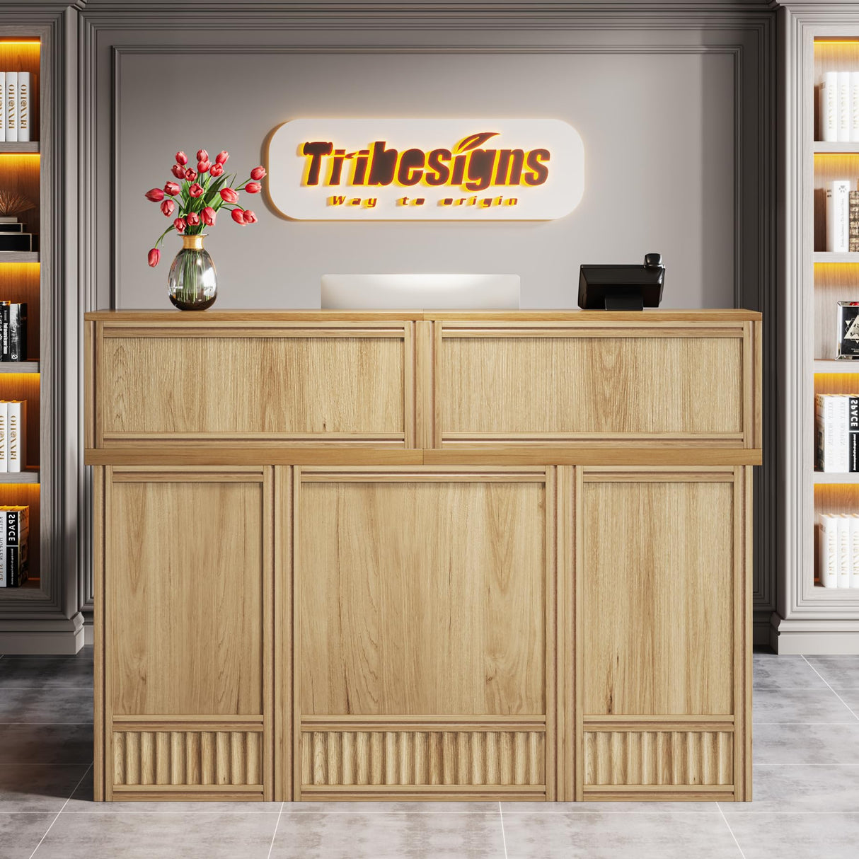 Tribesigns Reception Desk with Counter, 57-Inch Rustic Front Receptionist Table, Boho Welcome Desk Checkout Counter for Office, Retail, Lobby, Beauty Salon (Oak) Tribesigns
