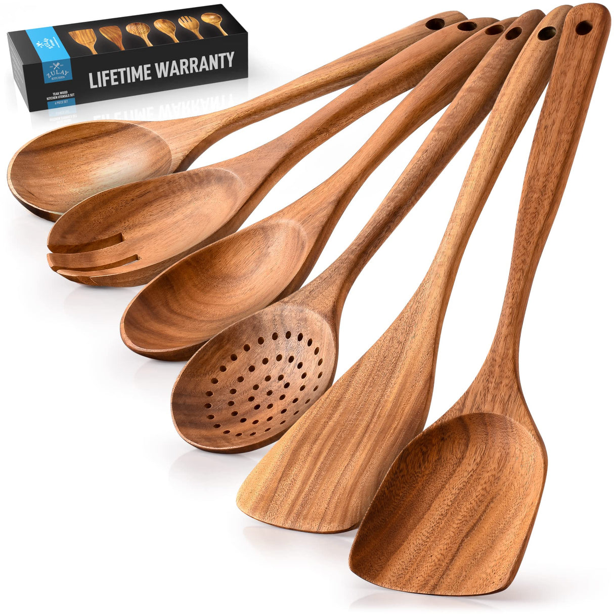 Zulay Kitchen 6-Piece Wooden Spoons for Cooking - Smooth Finish Teak Wooden Utensils for Cooking - Soft Comfort-Grip Wood Spoons for Cooking - Non-Stick Wooden Cooking Utensils - Wooden Spoon Sets Zulay Kitchen