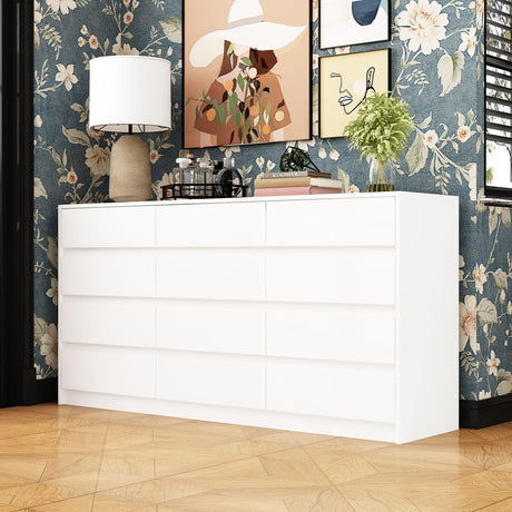FAMAPY Chest of Drawers White 12 Drawer Dresser No Handle, Modern Contemporary 12-Drawer Cabinet Dresser for Bedroom (63" W x 15.7" D x 31.9" H) FAMAPY