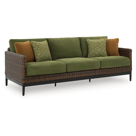 Signature Design by Ashley Horizon Hall Vintage Outdoor Weather Resistant Resin Wicker Sofa with Cushion and 2 Accent Pillows, Green & Dark Brown Signature Design by Ashley