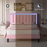 BarnFurin Pink King Size Bed Frame with LED Lights and Upholstered Headboard BarnFurin