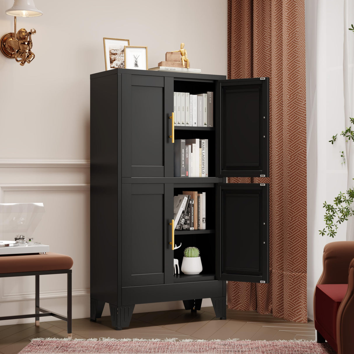 GAIOUS 47.25" Metal Storage Cabinet, Pantry Storage Cabinets with 4 Door and 2 Adjustable Shelves, Black Kitchen Food Storage Cabinet, Metal Utility Cabinet for Kitchen Dinning Room, Cupboard GAIOUS