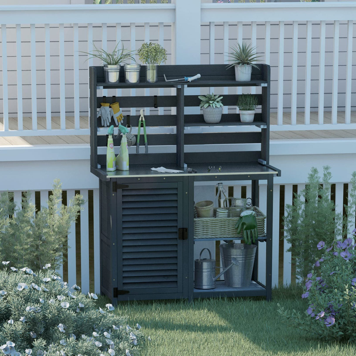 GDLF Potting Bench Table Large Garden Outdoor Work Bench Metal Tabletop Workstation with Storage Cabinet Shelf Dark Grey GDLF