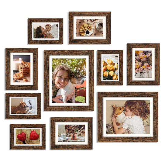 HAMITOR Picture Frames Collage Wall Decor, 10 pack Photo Frame Set for Wall Gallery Decor-Farmhouse Wood Photo Display 8x10 or 5x7 with Mat or 4x6 without Mat for Wall Mounting or Tabletop-Rust Brown