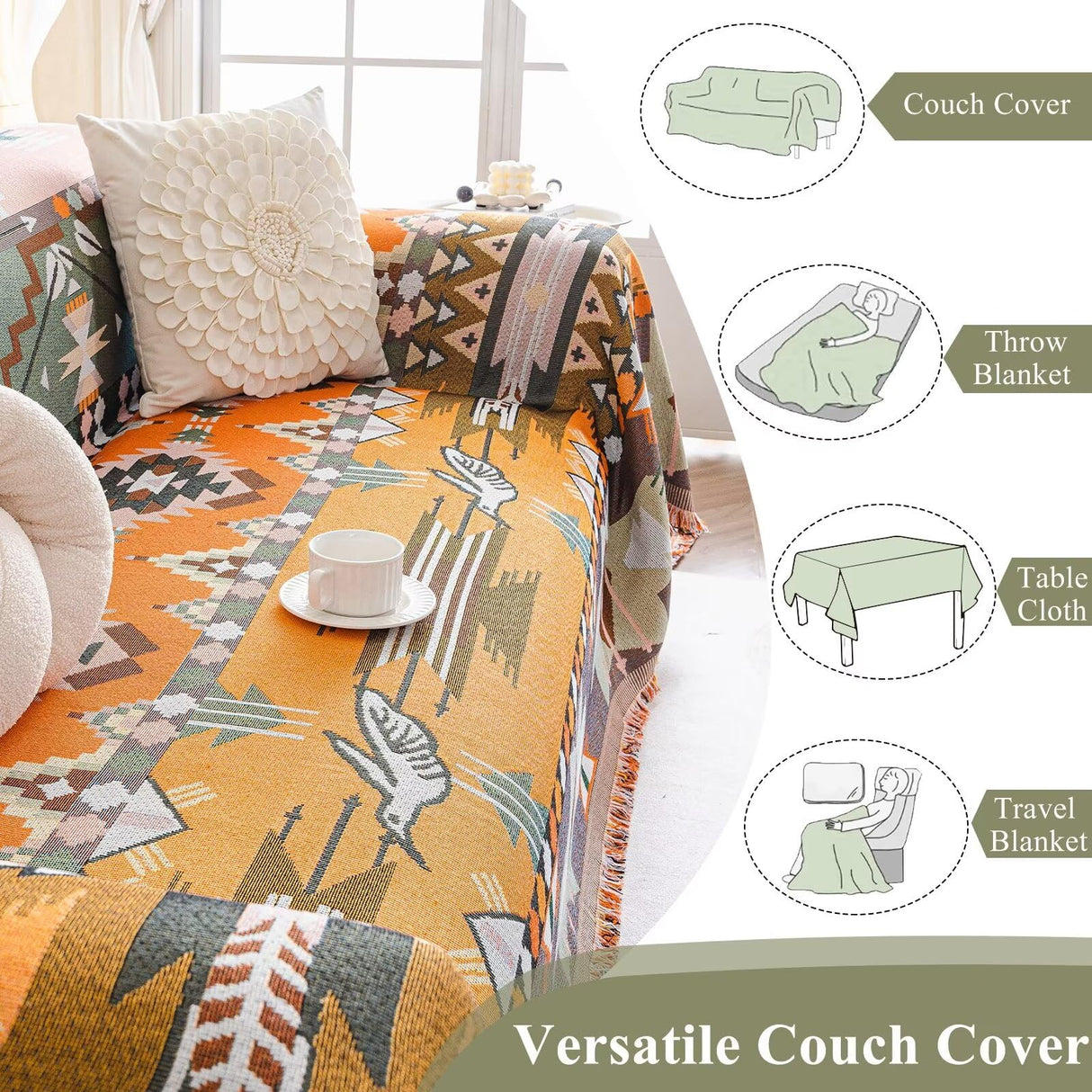 VClife Boho Sofa Covers, Sectional Couch Covers Breathable Cotton Linen Sofa Slipcover Washable Green Orange Geometry Sofa Couch Covers for L Shape Sofa - Farmhouse Sofa Covers with Tassel 71"x118" VClife