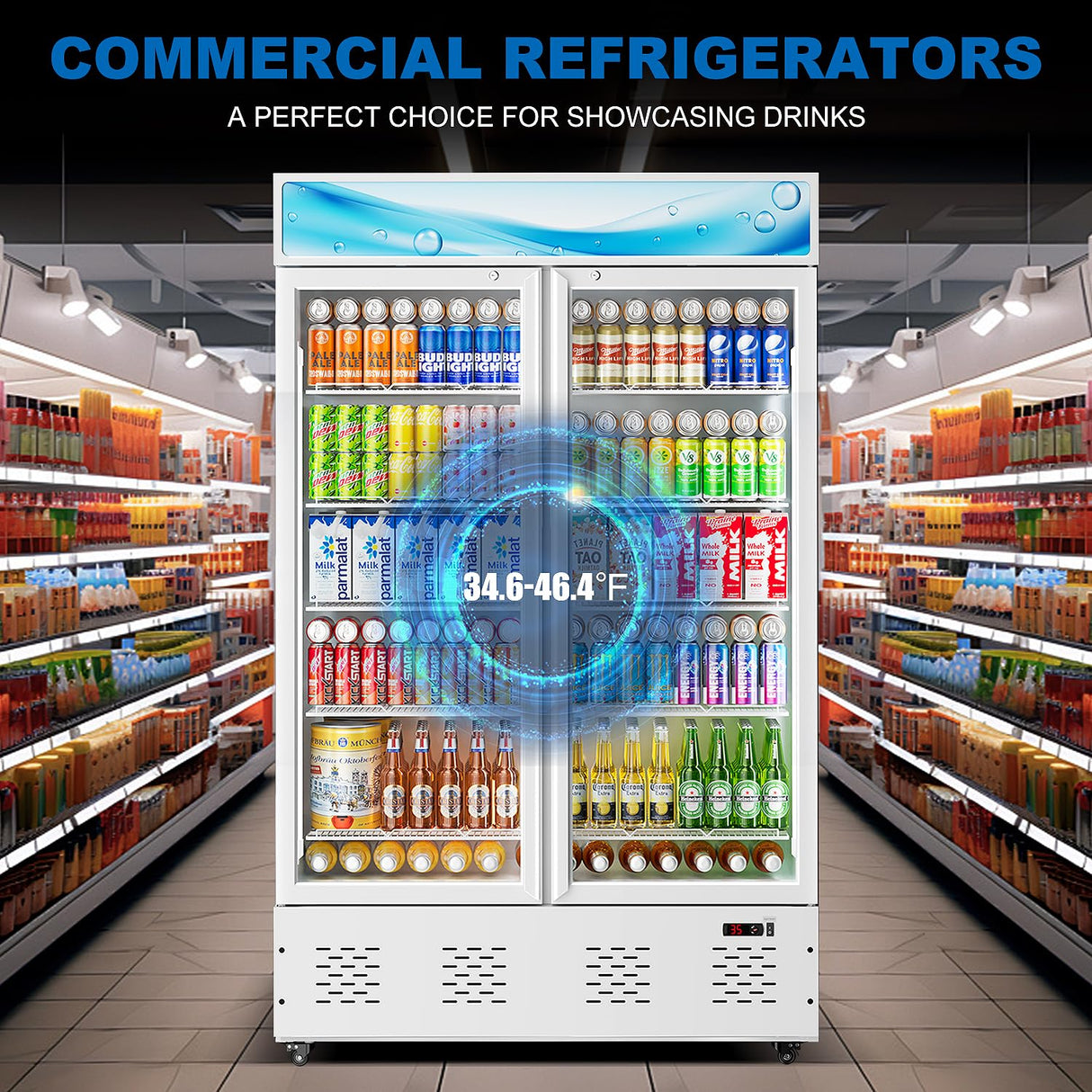 40 Cu.ft Commercial Beverage Refrigerators Glass Door Refrigerator Commercial with LED Light and 10 Shelves, Display Refrigerator for Restaurant Store Cafe Bar, ETL/NSF Approved, White ECEVT