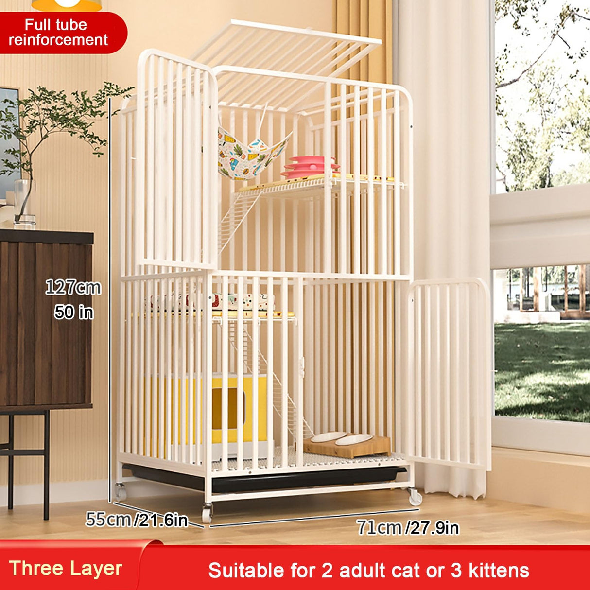 Cat Cage Indoor, Full Square Tube Cat Villa, Small Animal Indoor Detachable Metal Cage, Reinforcement and Widening Platform(White,71x55x127cm) FLQYJJDP