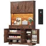 ELYKEN 71" Tall Ktchen Pantry Cabinet with Charging Station & LED Lights, Farmhouse Kitchen Hutch Cabinet with Microwave Stand & Large Countertop for Dining Room Living Room, Brown ELYKEN