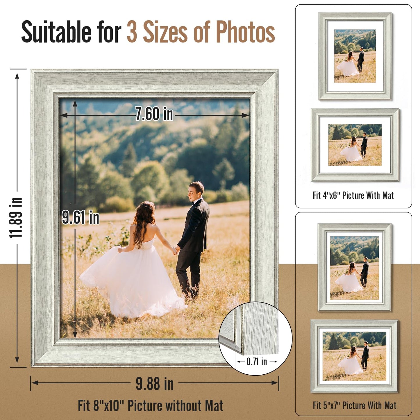 8x10 Picture Frame Set of 4 with 2 Mats, Rustic Farmhouse Photo Frame with Tempered Glass, Distressed Vintage Frame 4x6 & 5x7 with Mat or 8x10 without Mat for Wall or Tabletop Display Home Office Gift