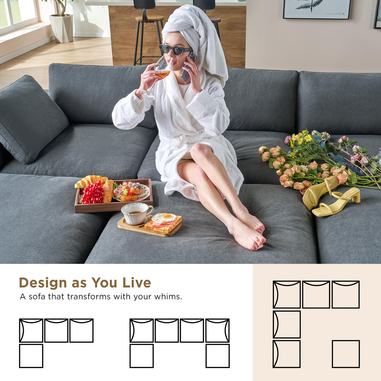 PaPaJet 114 Inch Cloud Modular Sectional Sofa, Oversized Down Filled Sectional Couch with Chaise, Ottoman, 4 Seats L Shaped Sofa for Living Room, Grey Linen Couch PaPaJet