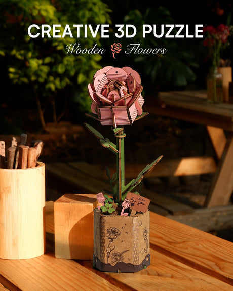 ROBOTIME 3D Puzzles Wooden Flower Pink Rose DIY Model Building Kit to Build for Adults Artifical Bouquet Botanical Collection Craft Brain Teaser Puzzle Creative Gift Home Decor ROBOTIME