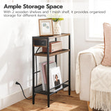 HOOBRO Small Narrow Side Table with Charging Station, Skinny End Table for Small Spaces, Slim Nightstand with USB Ports Outlet, Sofa Beside Table with Storage Shelf, Rustic Brown and Black BF102UBZ01 HOOBRO