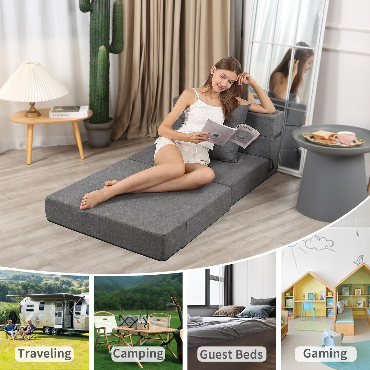 LOVMOC Folding Sofa Bed, High-Density Memory Foam Sofa Bed with a Fluffy Pillow, Floor Couch Guest Bed, Single Size, Dark Grey LOVMOC