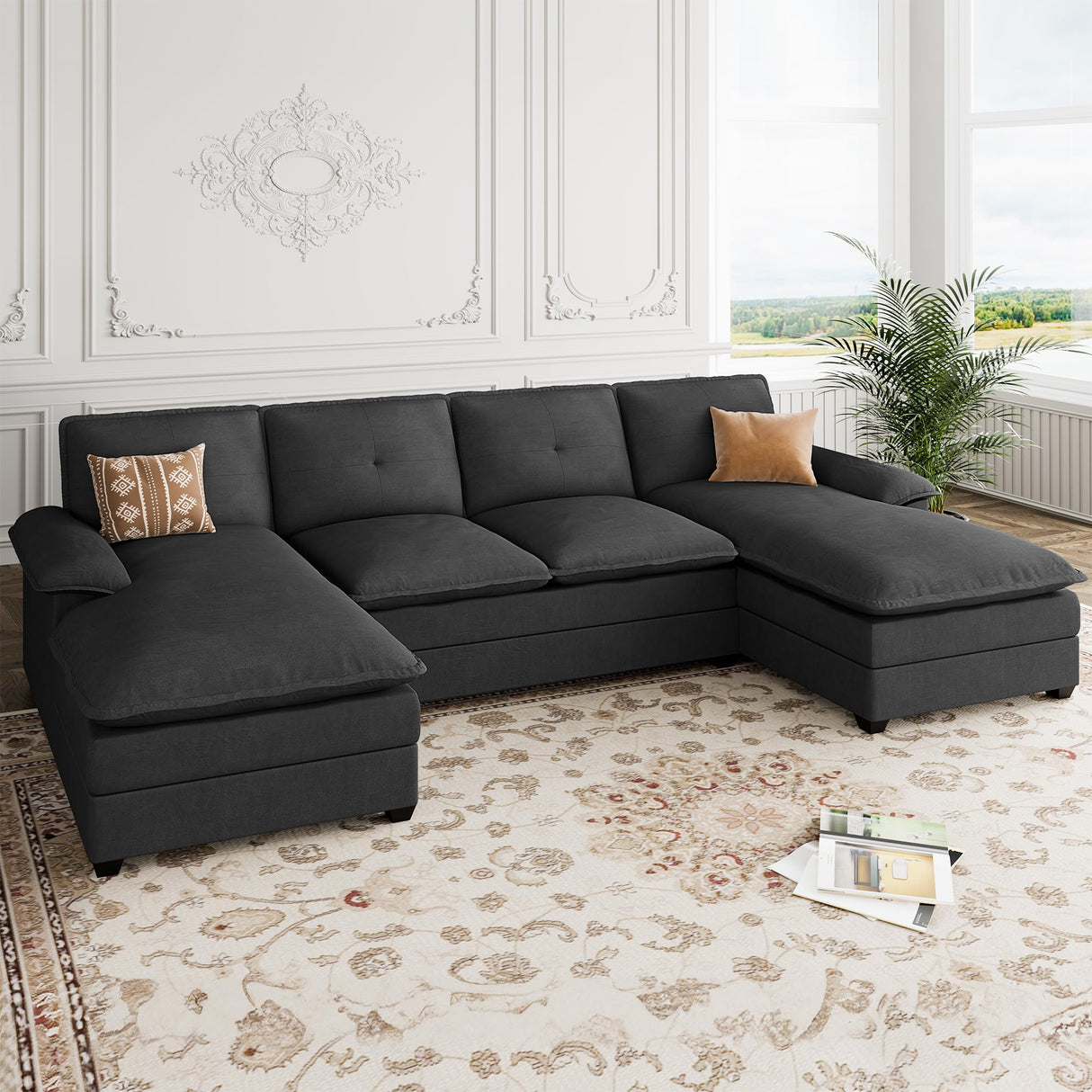 110" Sectional Couches for Living Room,4-Seat U Shaped Couch with Double Chaise,Modular Sofa Couches Sleeper with Thick Cushion & Soft Backrest,Black Shintenchi