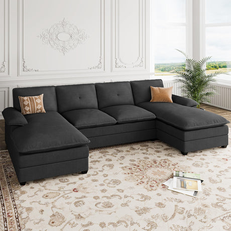 110" Sectional Couches for Living Room,4-Seat U Shaped Couch with Double Chaise,Modular Sofa Couches Sleeper with Thick Cushion & Soft Backrest,Black Shintenchi